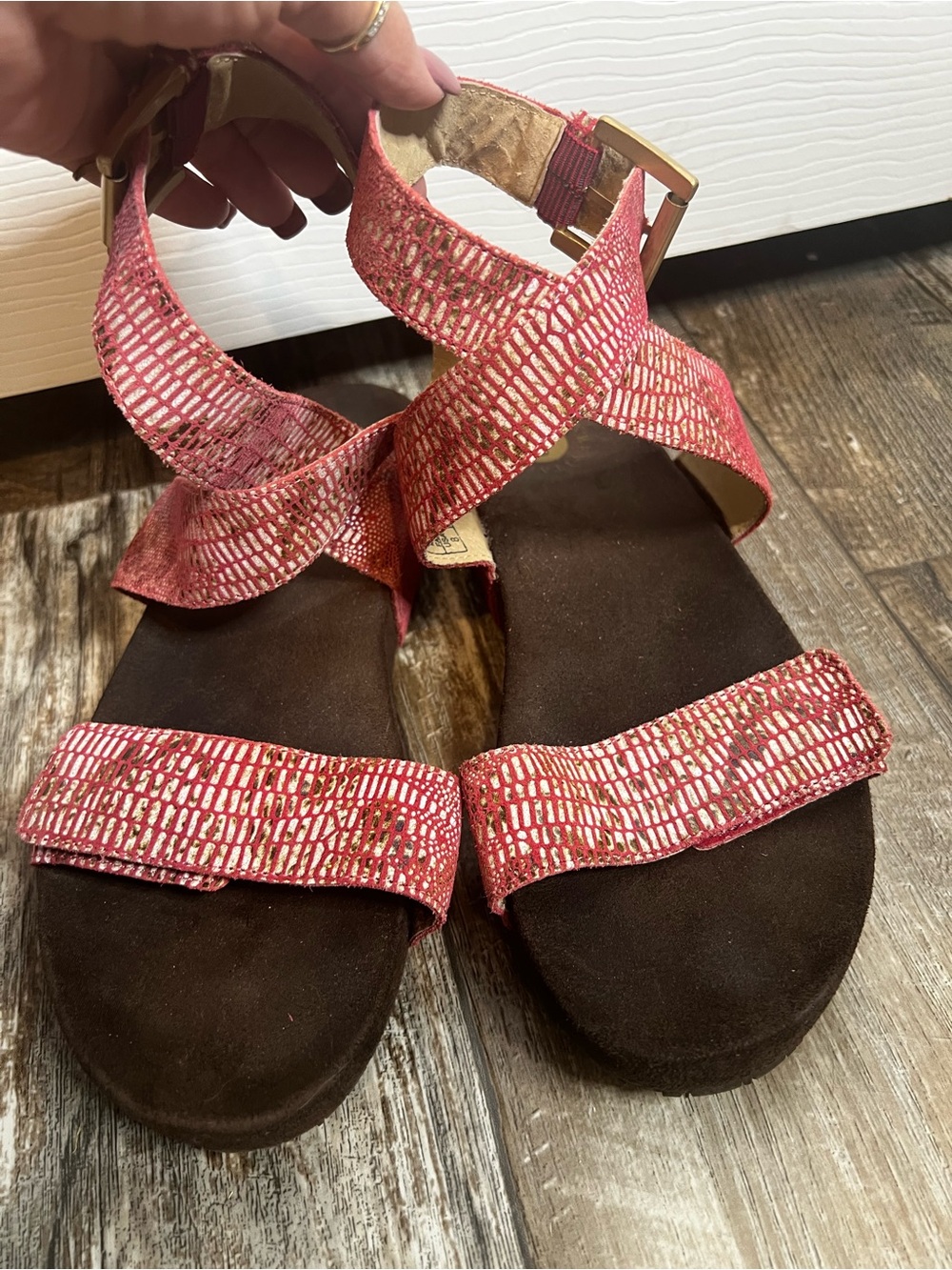 REVITALIGN Red Patterned Crisscross Ankle Strap Sandals
